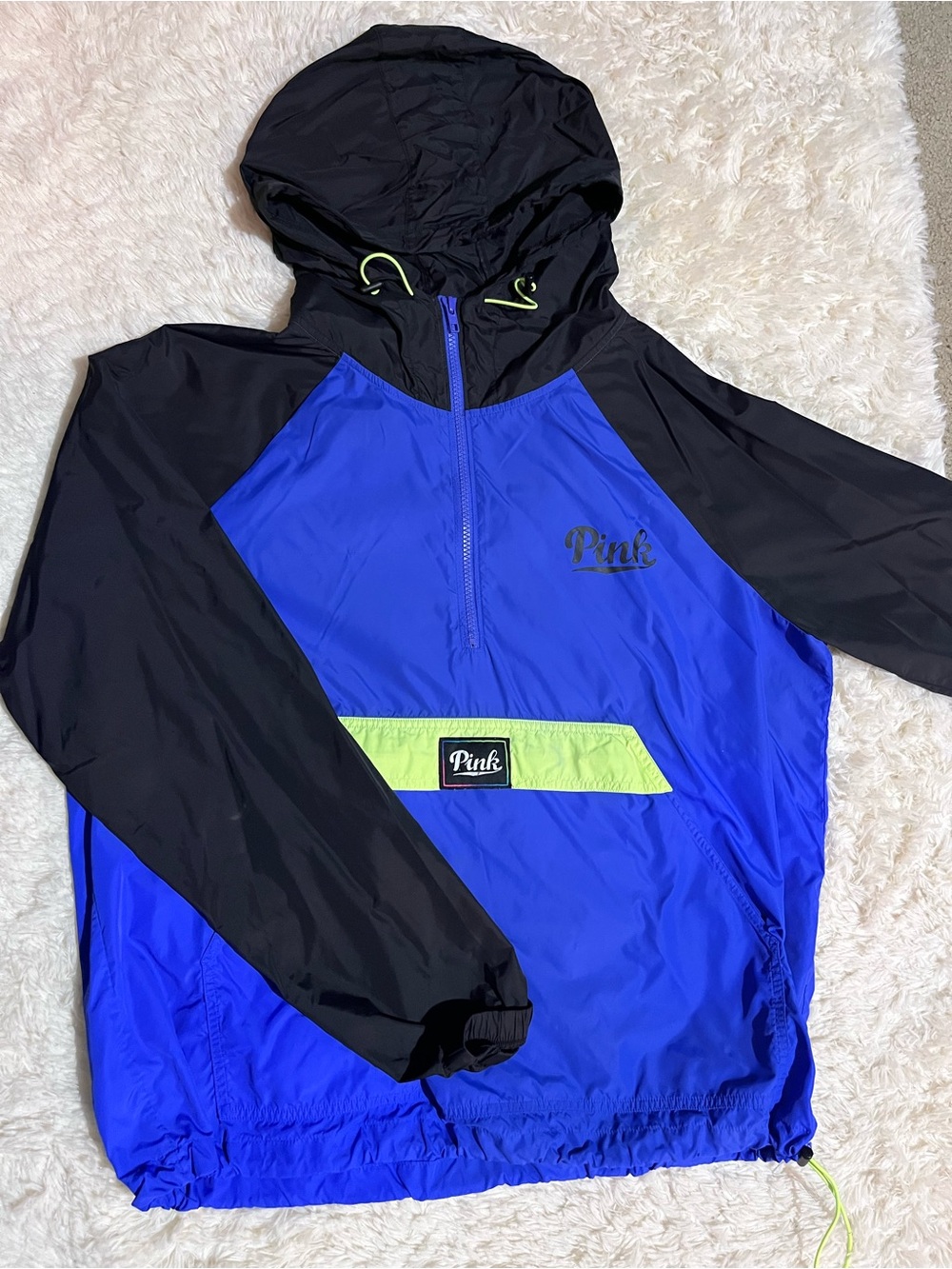 PINK Victoria's Secret Blue/Purple, Black & Lime Colorblock Windbreaker Pullover